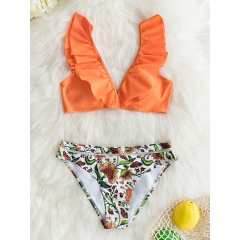 Orange Ruffle Bikini Sets With Floral Bottom Sexy Swimsuit Two Pieces